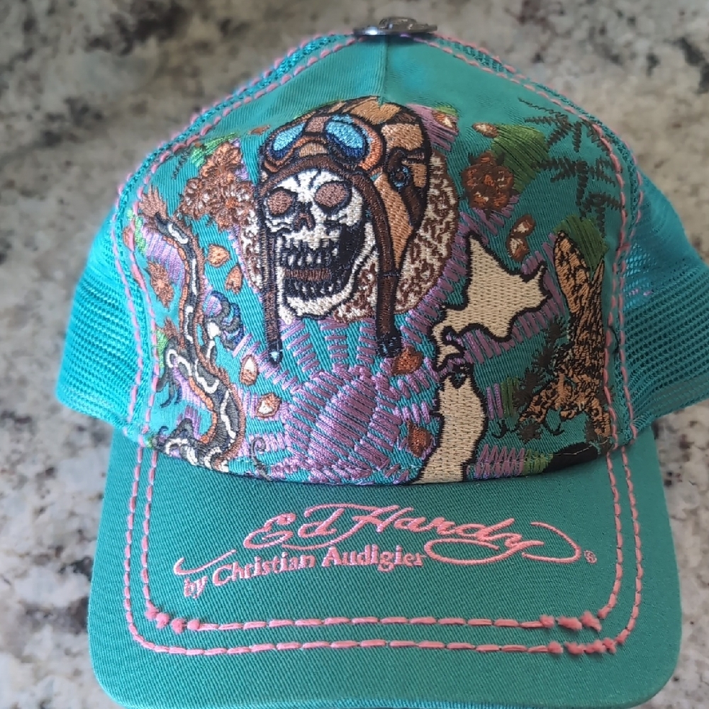 Ed Hardy Turquoise Skull Graphic Hat